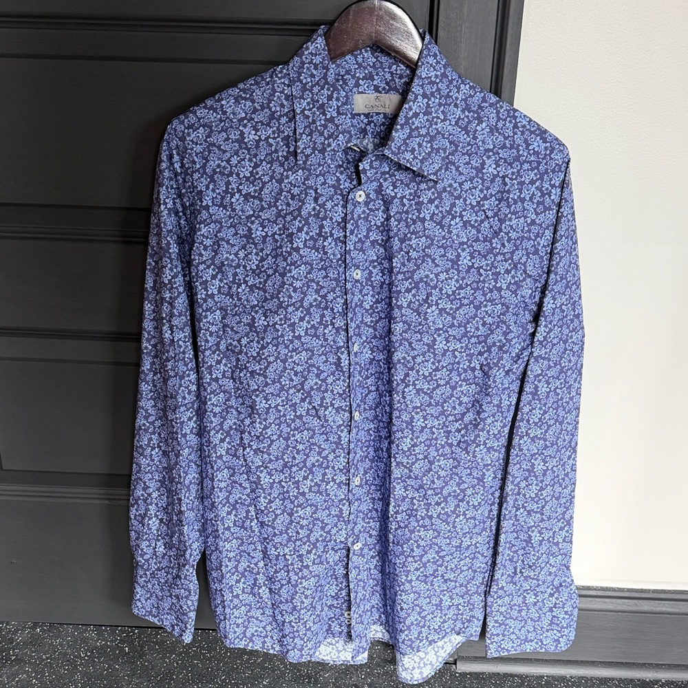 Canali Blue Floral Casual Button Down Shirt